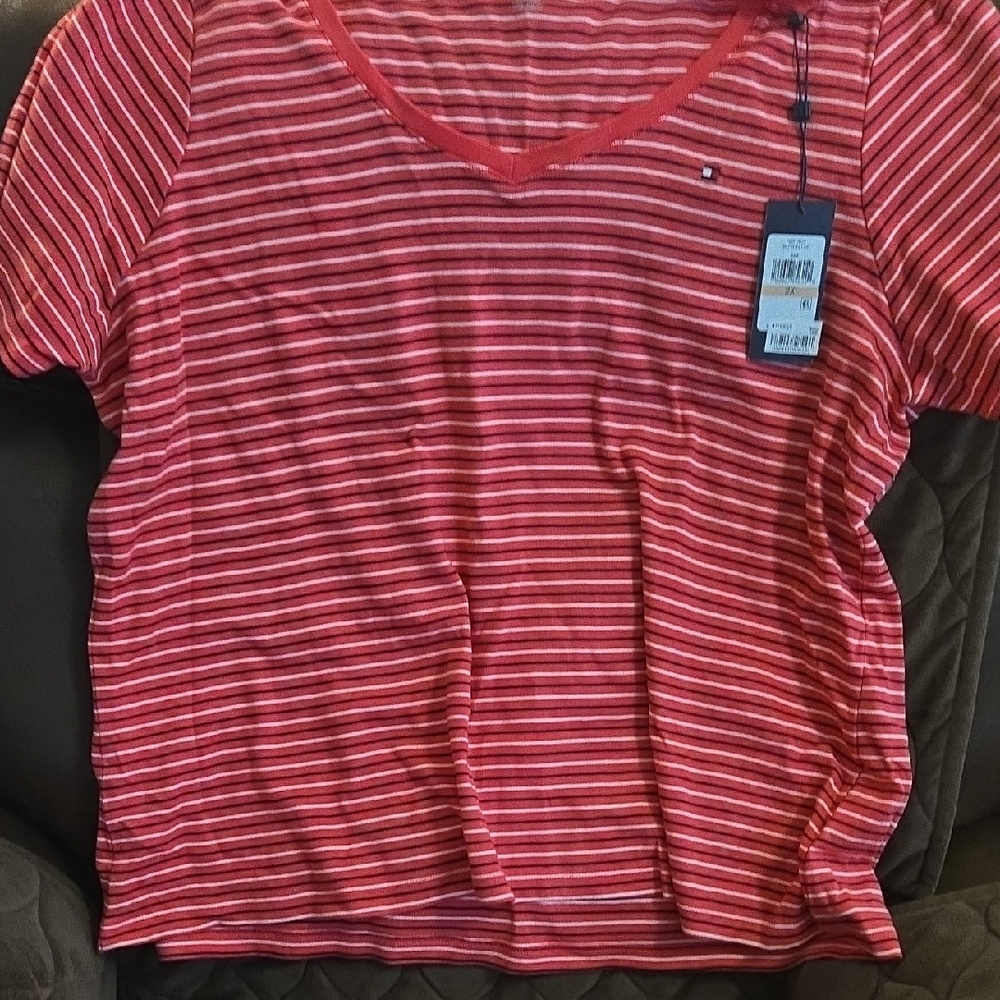 Tommy Hilfiger Coral and White Striped V-Neck Tee